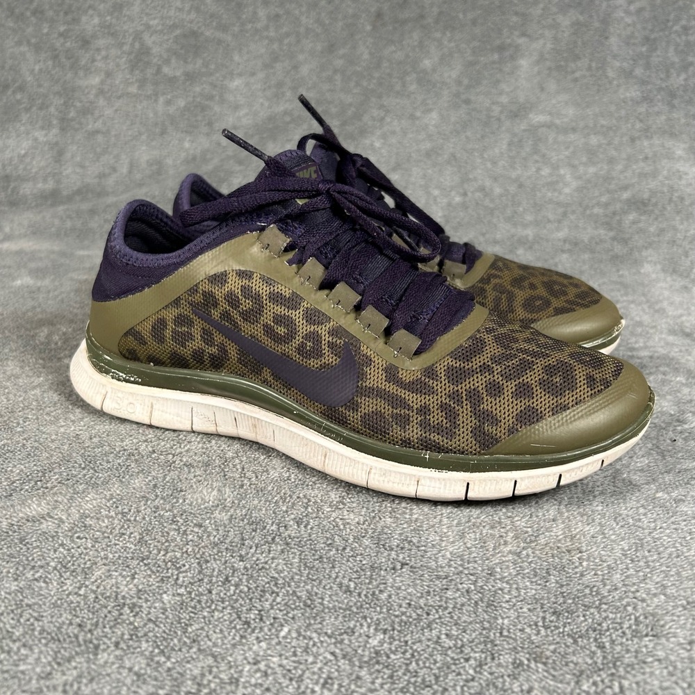 Nike Free 3.0 V5 EXT Womens 7.5 Leopard Print Olive Green Purple Running Shoes